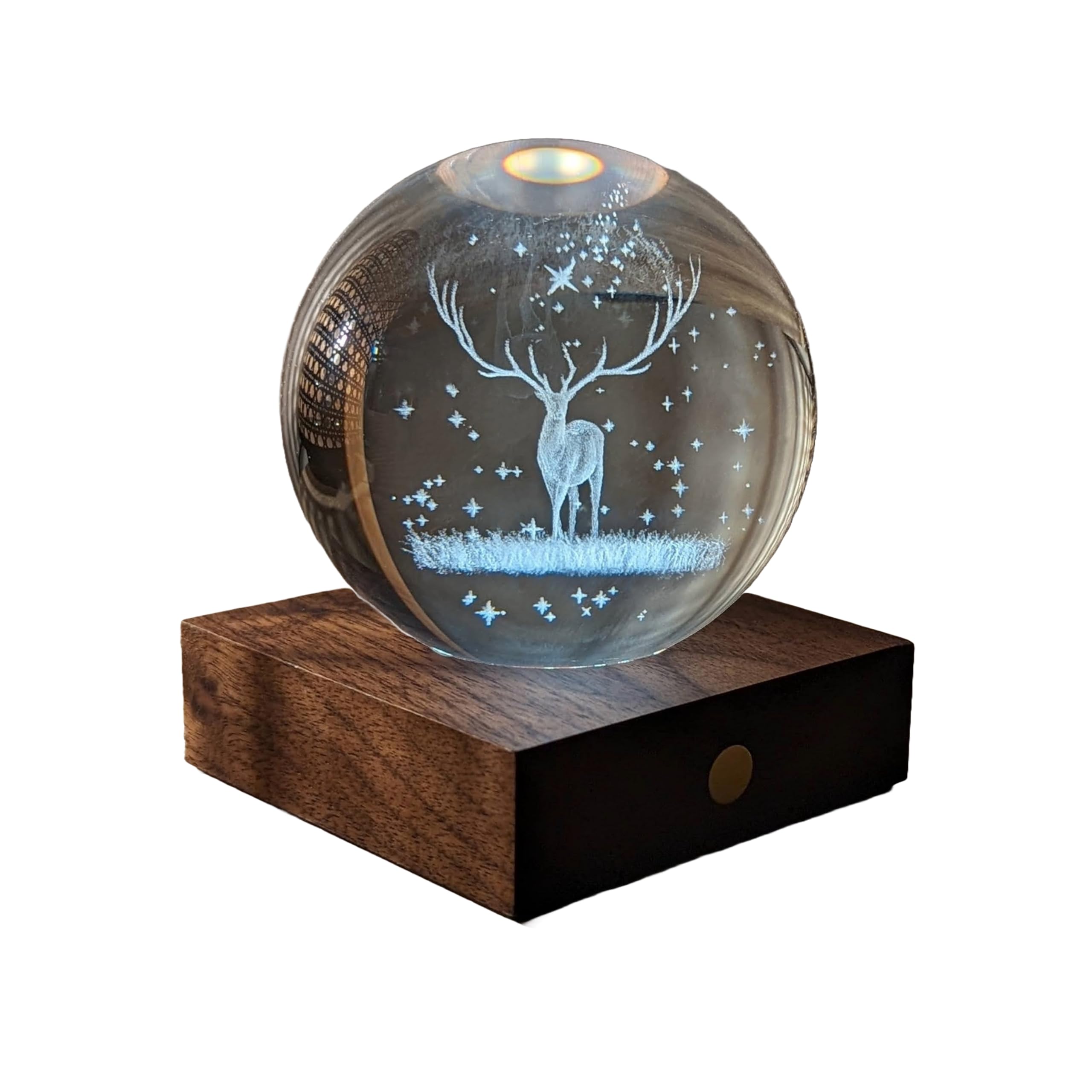 Gingko Amber 3D Laser Engraved Premium Crystal Light with Wooden Walnut Base, LED Lights, Touch Control Button, 4 Light Brightness, USB-C Charging, Packed in Premium Gift Box (Stag) — image 1