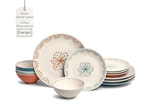Sango 12-Piece Speckled Stoneware Dinnerware Set for 4- Glossy Plates and Bowls Set with Hand-Painted Floral Pattern, Rustic 