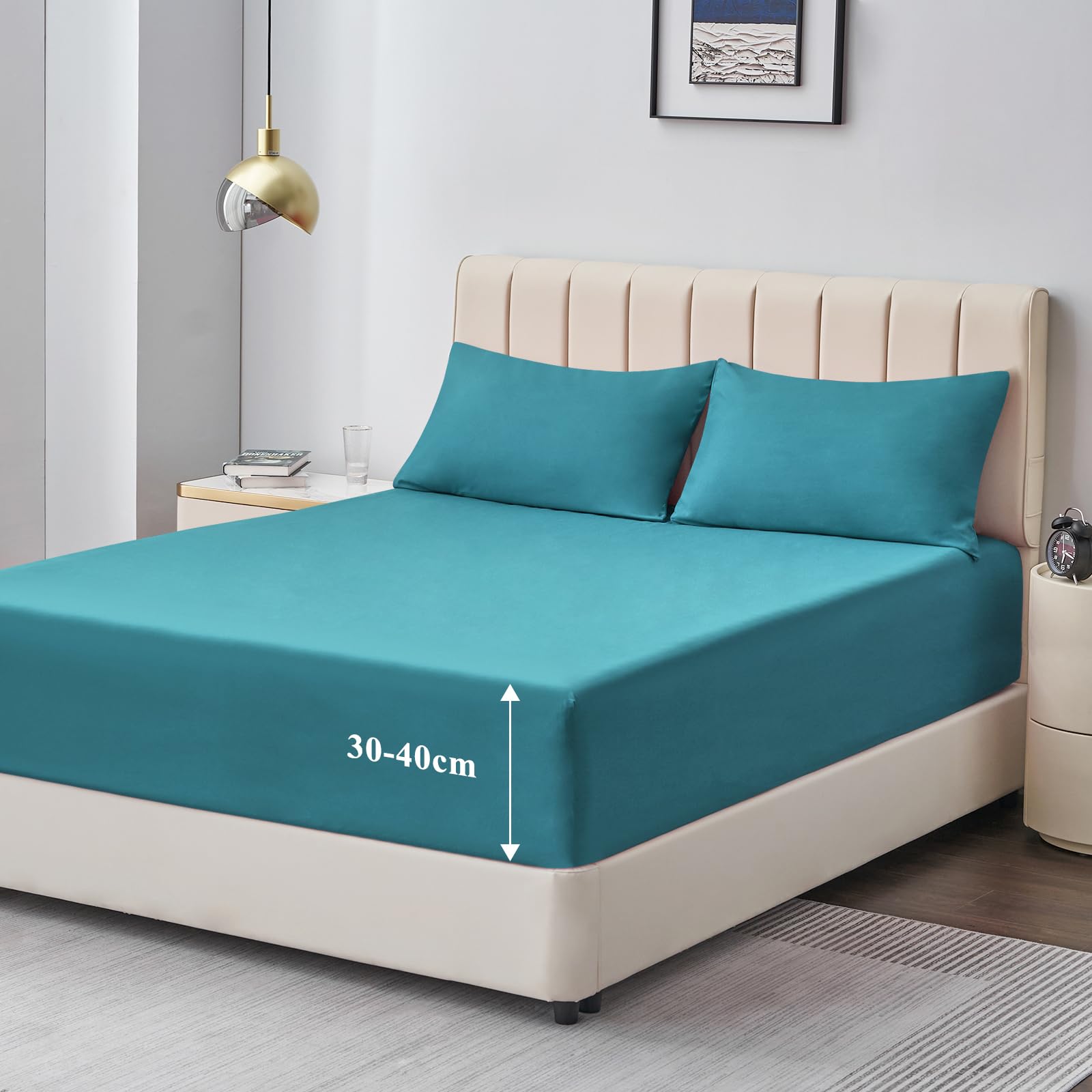 Aisbo Double Fitted Sheet Teal - Extra Deep Pocket Bed Sheet 16 inch 40 cm - Microfiber Bottom Sheet, 135x190cm