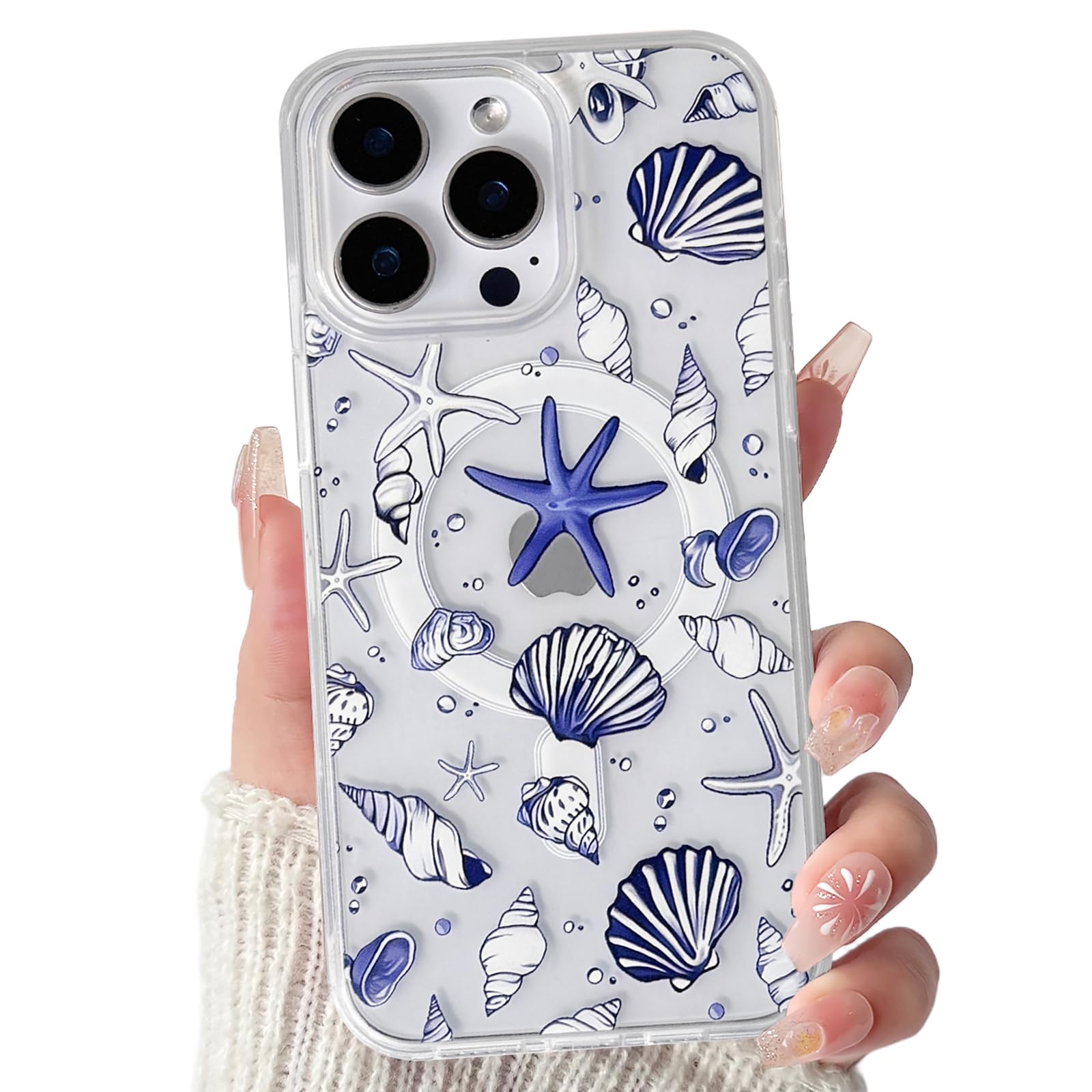 Lovmooful Magnetic Compatible with iPhone 13 Pro Max Case Compatible with MagSafe Clear Ocean Cute Marine Life Seashell Design for Girls Women Soft TPU+PC Shockproof Protective Girly-Blue Shell
