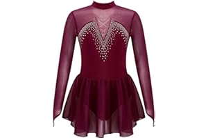 JanJean Kids Girls Figure Ice Skating Dress Long Sleeve Sparkly Rhinestone Mesh Splice Gymnastics Leotard Dress Dancewear
