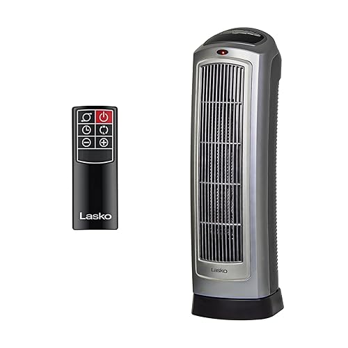 Lasko Oscillating Digital Ceramic Tower Heater for Home with Adjustable Thermostat, Timer and Remote Control, 23 Inches, 1500W, Silver, 755320