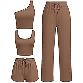 Ekouaer Womens 4 Piece Lounge Sets Ribbed Knit Crop Tank Top and Shorts Pants Casual Outfits