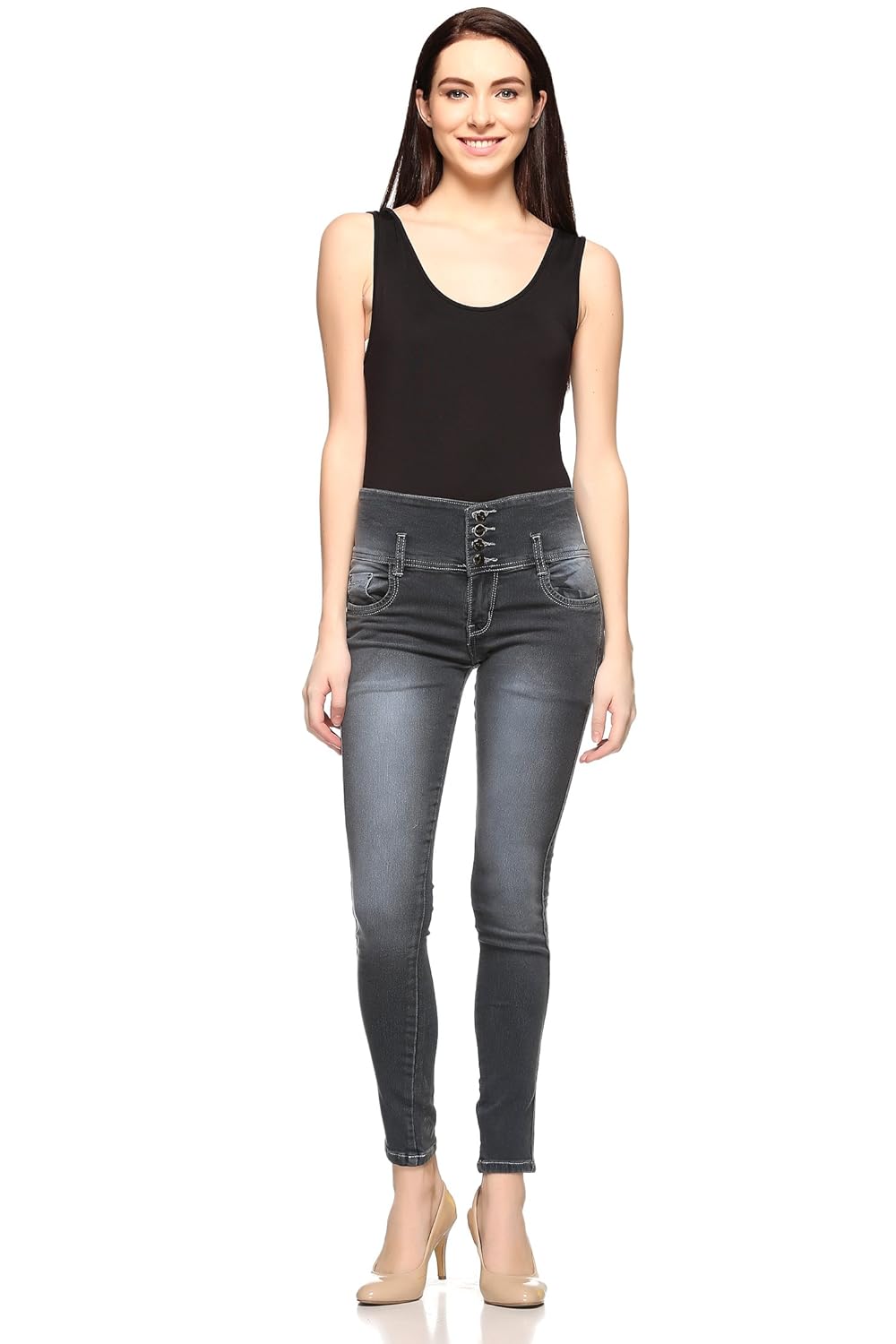 fasnoya women's mid waist 4-buttons skinny fit jeans (dark grey)