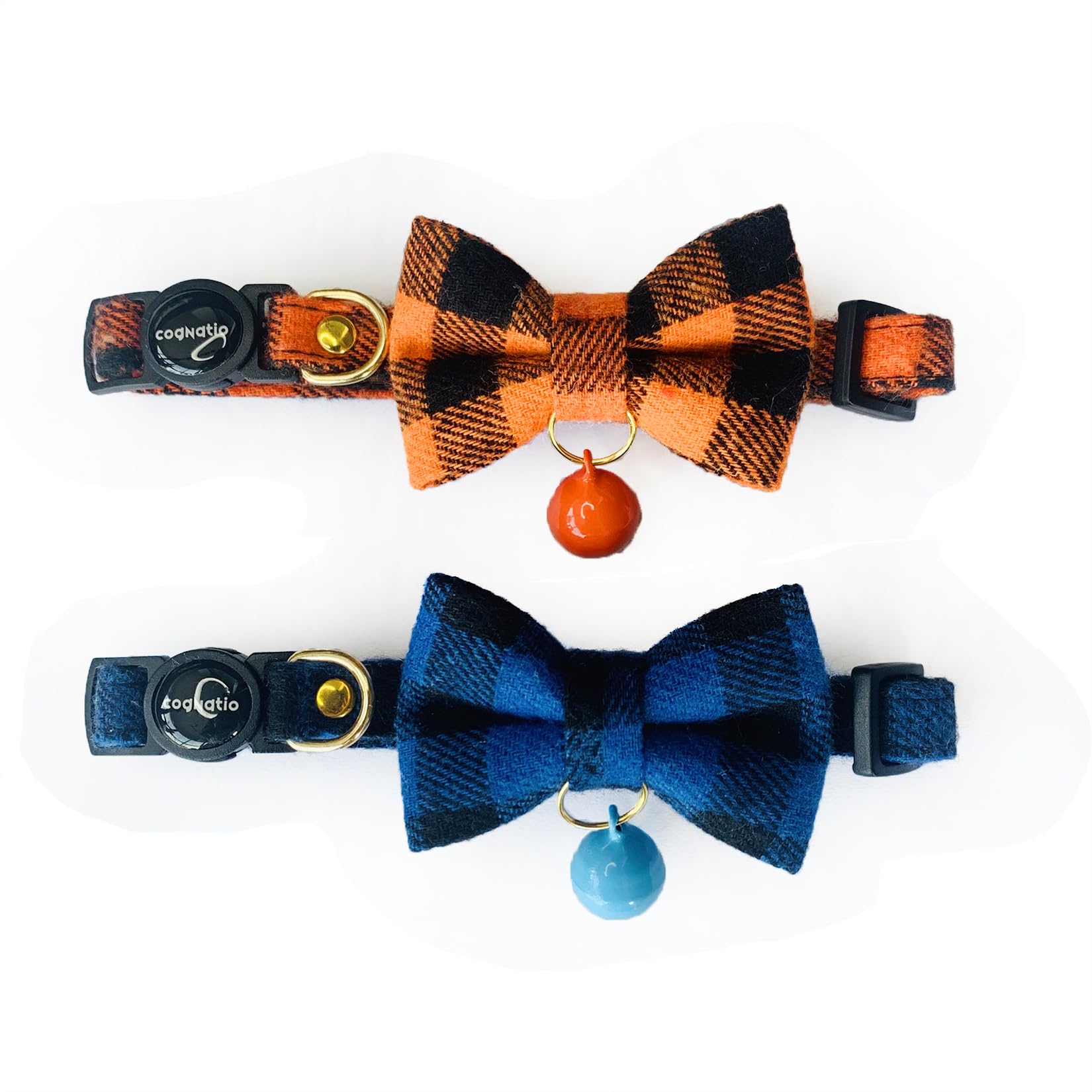 Cognatio 2 Pack Cat Collar with Bell and Removable Bow Tie, Adjustable Pet Collar (Check Navy Blue+Orange)