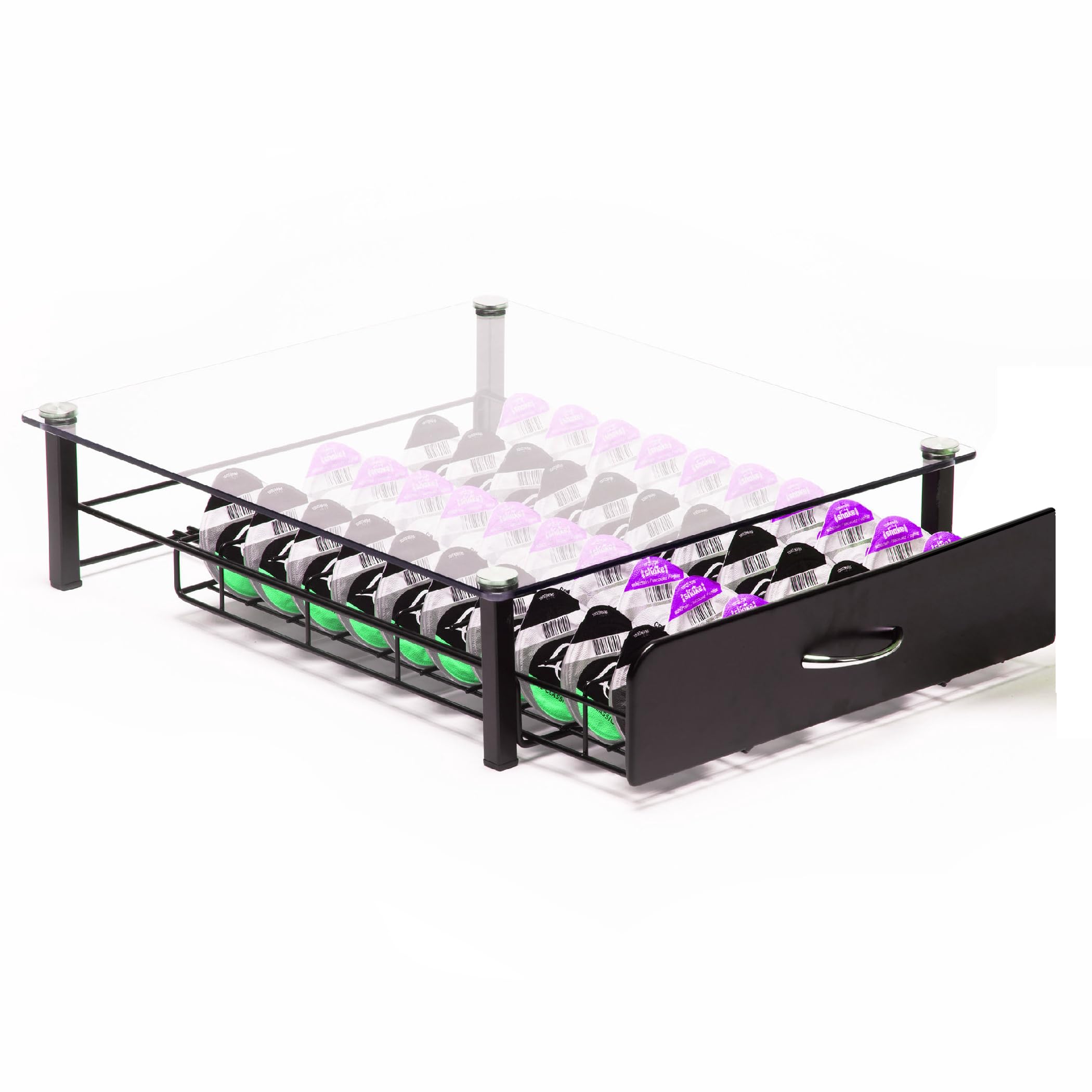 Peak Coffee Capsule Pod T Discs Drawer Tray Holder for 36 Tassimo Pods - Organiser & Machine Stand with Tempered Glass Top - Smooth Drawer Action