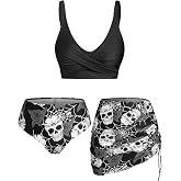 Rosegal Plus Size Women 3 Piece Tankini Swimsuit Gothic Skull Rose Spider Web Print Twist Bathing Suit