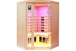 KUNSANA 2-3 Person Infrared Saunas for Home, Low EMF Ceramic Infrared Sauna, Indoor Home Sauna Spa, Hemlock Wooden Corner Suana Room, Bluetooth Speakers, Chromotherapy Lights
