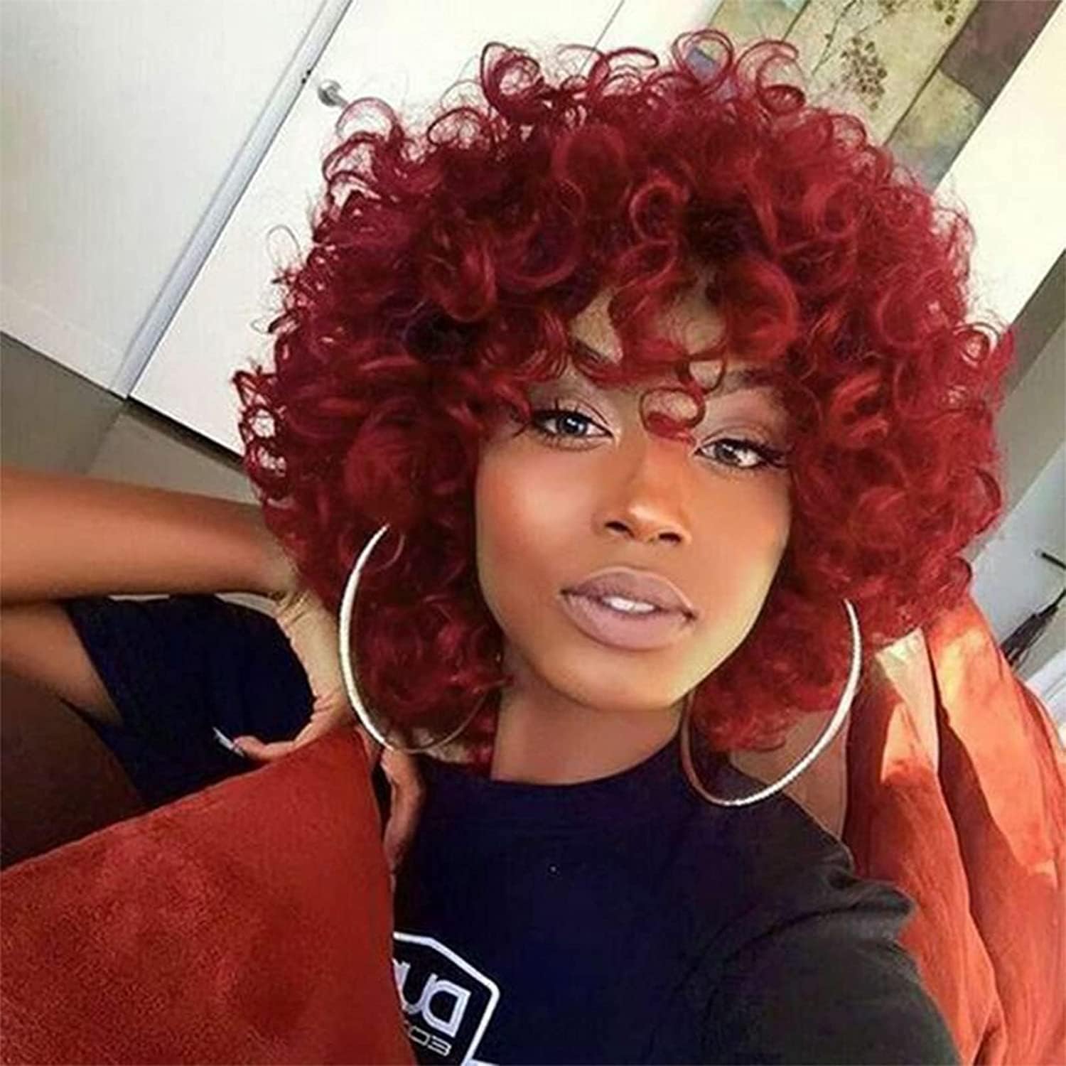 PORSMEER Burgundy Red Curly Afro Wigs for Women Natural Synthetic Hair Loose Kinky Big Wave Bob Wig with Fringe for Halloween Cosplay Movie Costume/Daily Wear, — image 1