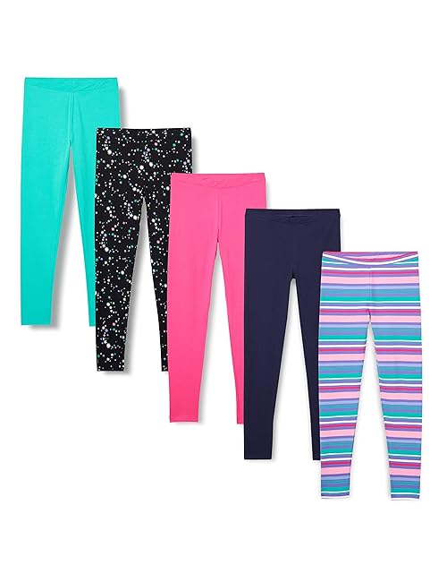 Amazon Essentials Girls' Leggings, Pack of 5, Aqua Green/Black Stars/Navy/Pink/Stripe, X-Large
