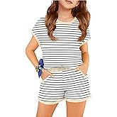 YOURUIKEY Girls Summer Clothes 2 Piece Outfits Drop Shoulder Batwing Sleeve Tops and Pockets Shorts Sets Cute Clothing 7-14Y