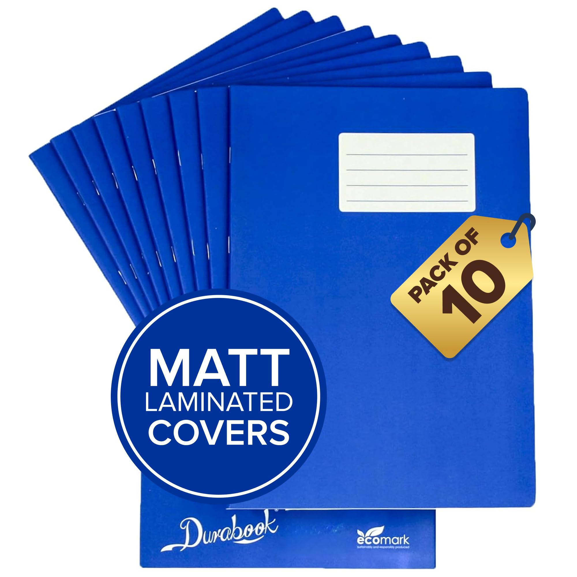Durabook A4 8mm F&M Dark Blue Exercise Books Pack of 10, 80 Page School Exercise Book, Durable Matt Laminated Water-Resistant Cover, Ruled & Margin Notebook A4 Paper, Great Home & School Supplies