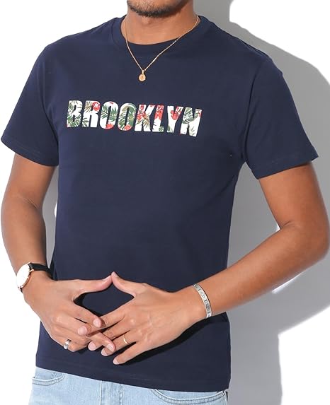 Amazon Brooklynボタニカルロゴプリントtシャツ Brooklyn Tシャツ メンズ 半袖 Vネック ネイビーl Tシャツ カットソー 通販