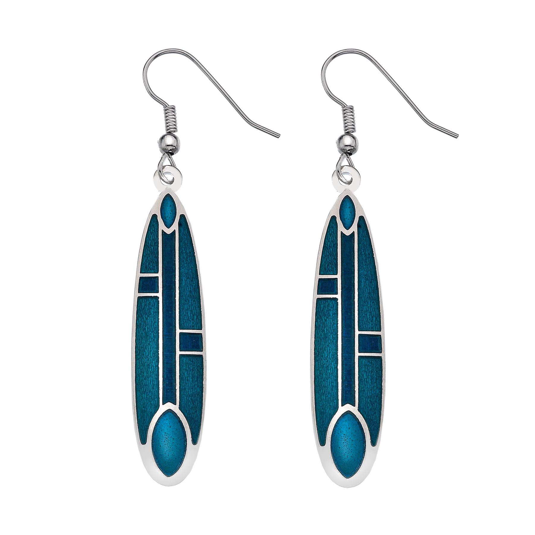 Rennie Mackintosh Inspired Teardrop Lines 34mm Hook Earrings (Turquoise)