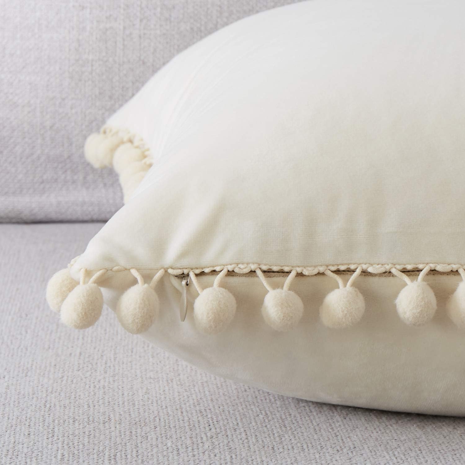 Top Finel Square Decorative Throw Pillow Covers Soft Velvet Outdoor Cushion Covers 18 X 18 with Balls for Sofa Bed, Set of 2, Cream: Home & Kitchen
