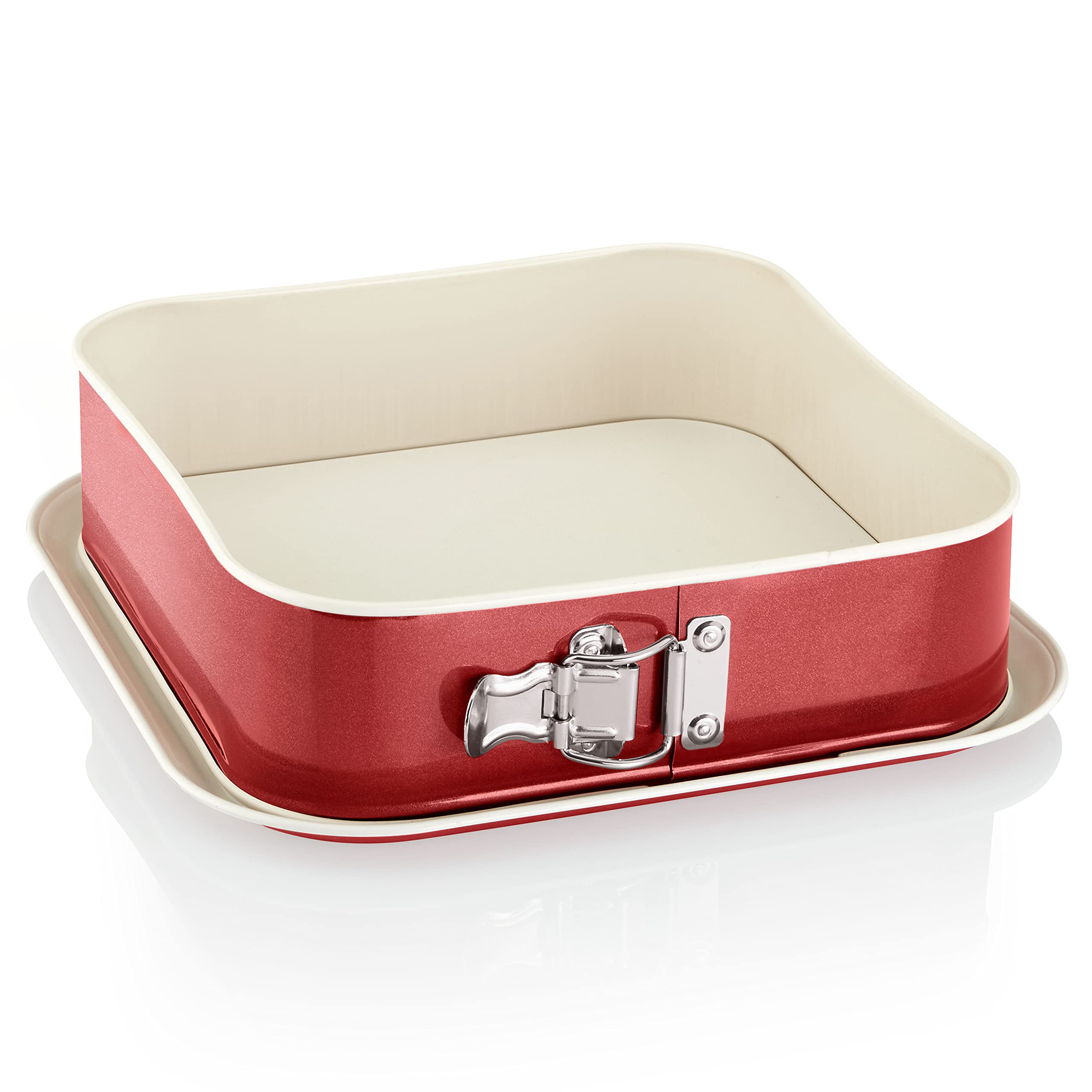 Grizzly Springform Square Cake Tin - 9" x 9" (24 x 24 cm), Red and Cream, Overflow Protection, Non-Stick