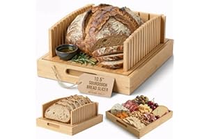Bamboo Bread Slicer for Homemade Bread - Sturdy Bread Cutting Guide with Crumb Catcher Tray & Serving Board - Bread Cutter Ma