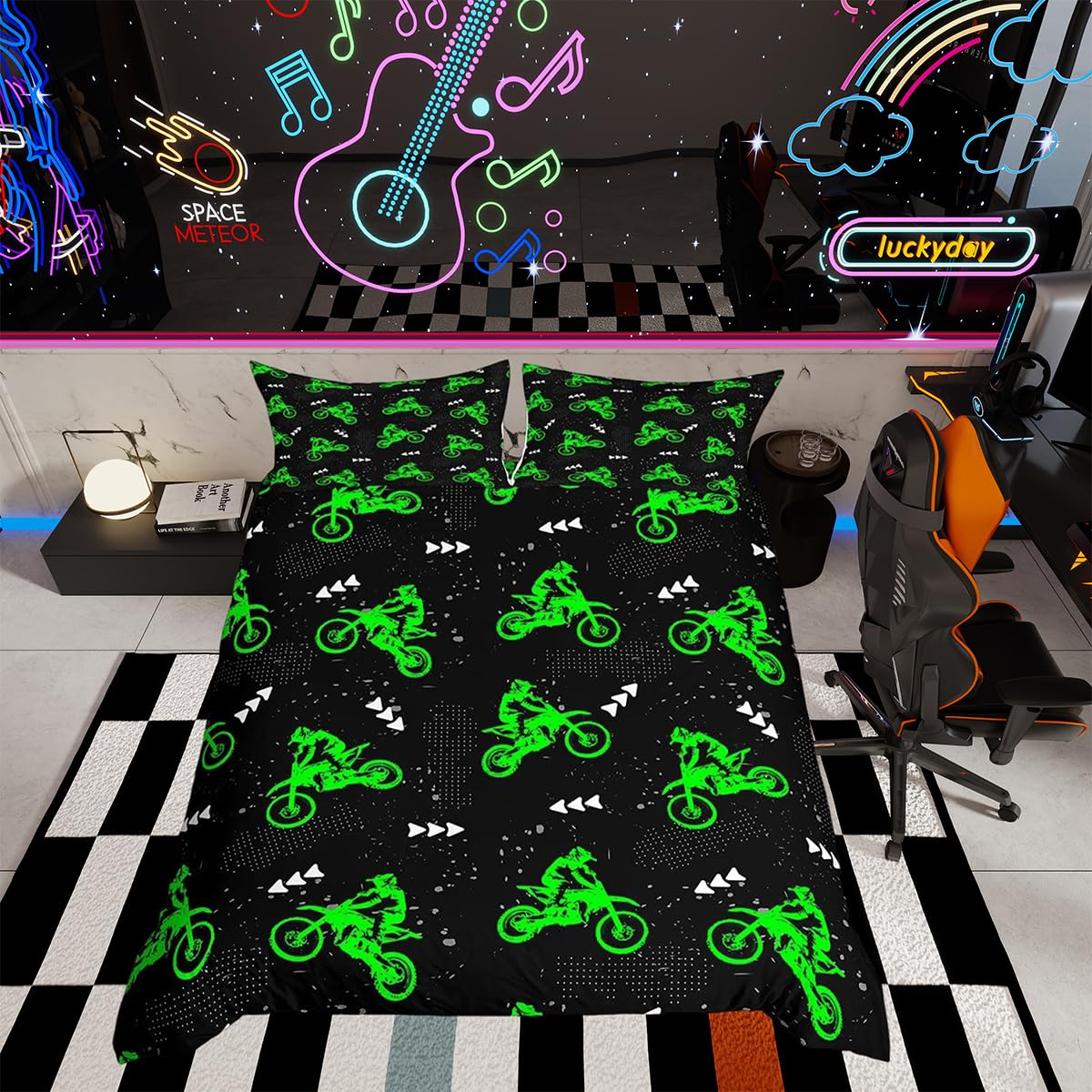 Loussiesd Boys Dirt Bike Bedding Set Cool Sport Duvet Cover Set for Kids Boys Motocross Rider Bedding Fluorescent Green Bicycle Bedding Single Teenagers, 1 Duvet Cover and 1 Pillowcase