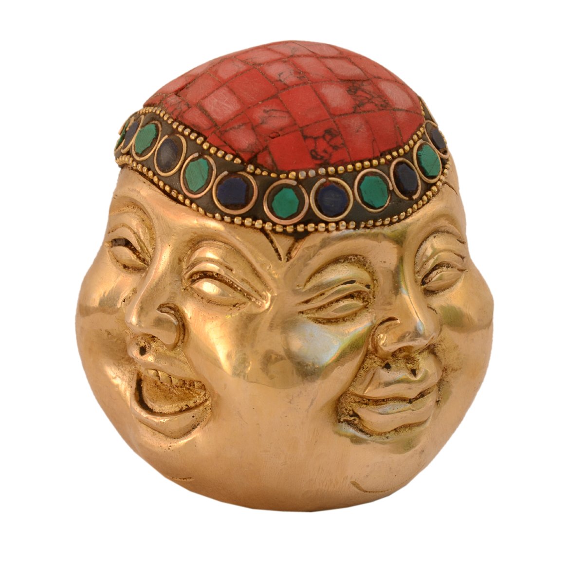 Purpledip Laughing Buddha Statue Four Faces Of Life (Joy, Sorrow, Anger & Serenity): Pure Brass Metal With Gemstones; Feng Shui Good Luck Charm (10992)