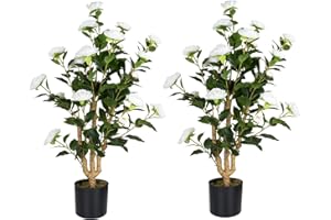 Howngyesimu Artificial Camellia Tree 2 Pack, 38’’ Faux Camellia Plant in Pot with White Flowers, Greenery Potted Plant for Indoor Outdoor Office Home Porch Decor, White