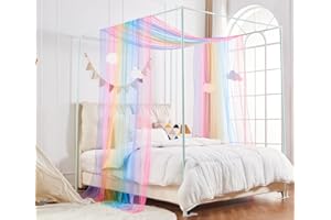 WANFASO Rainbow Princess Canopy Bed Curtain Queen, Bed Scarf Valance with Cloud Ornaments, Bed Canopy for Girls Bedding Decor (1 Panel, Full/Queen Size)