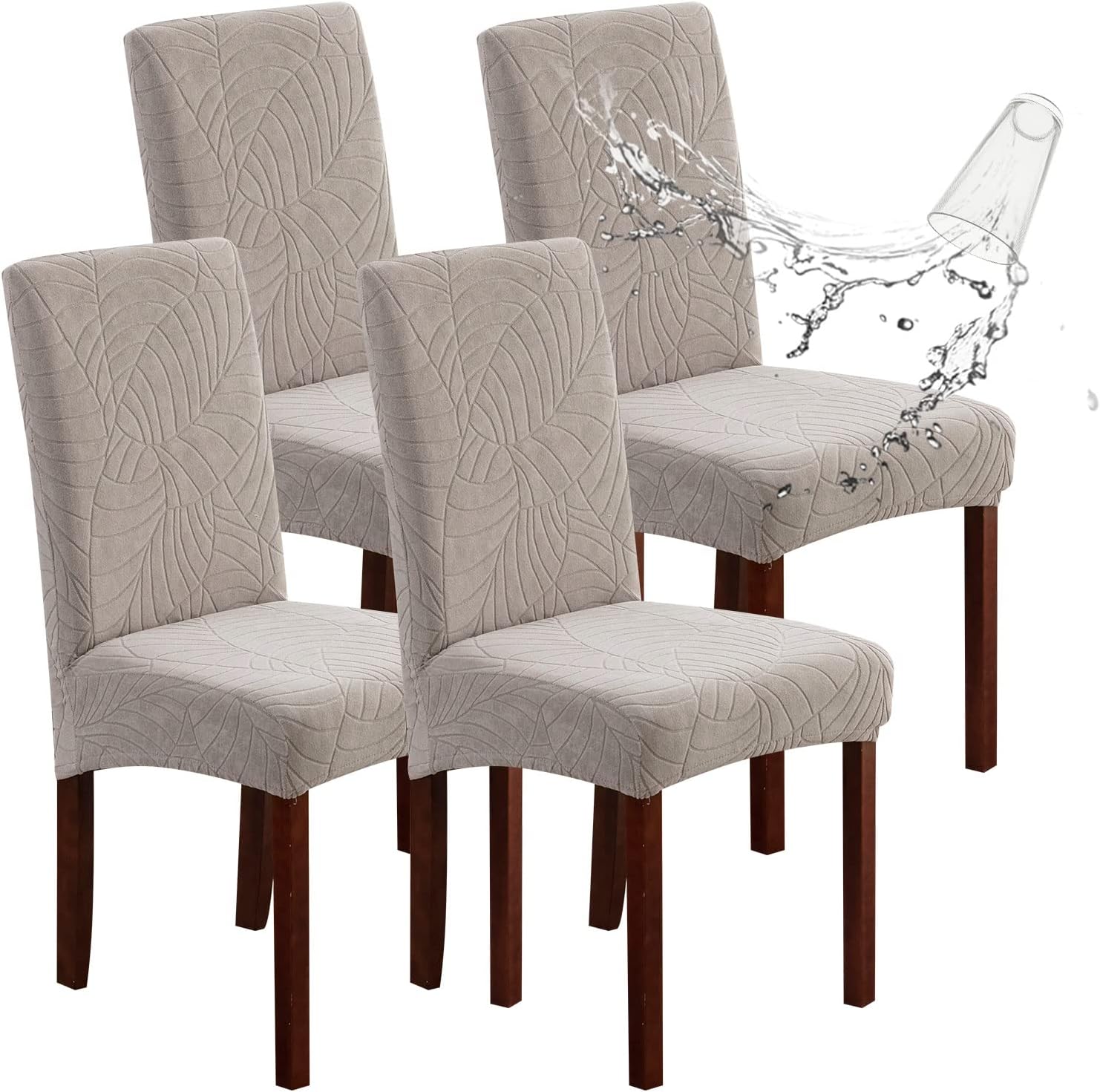 Slipcovers - Genina 100% Waterproof Chair Covers for Dining Room Set of 4, Stretch Parson Chair Slipcovers for Kitchen Chairs, Washable Chair Protectors, Leaves-Warm Gray