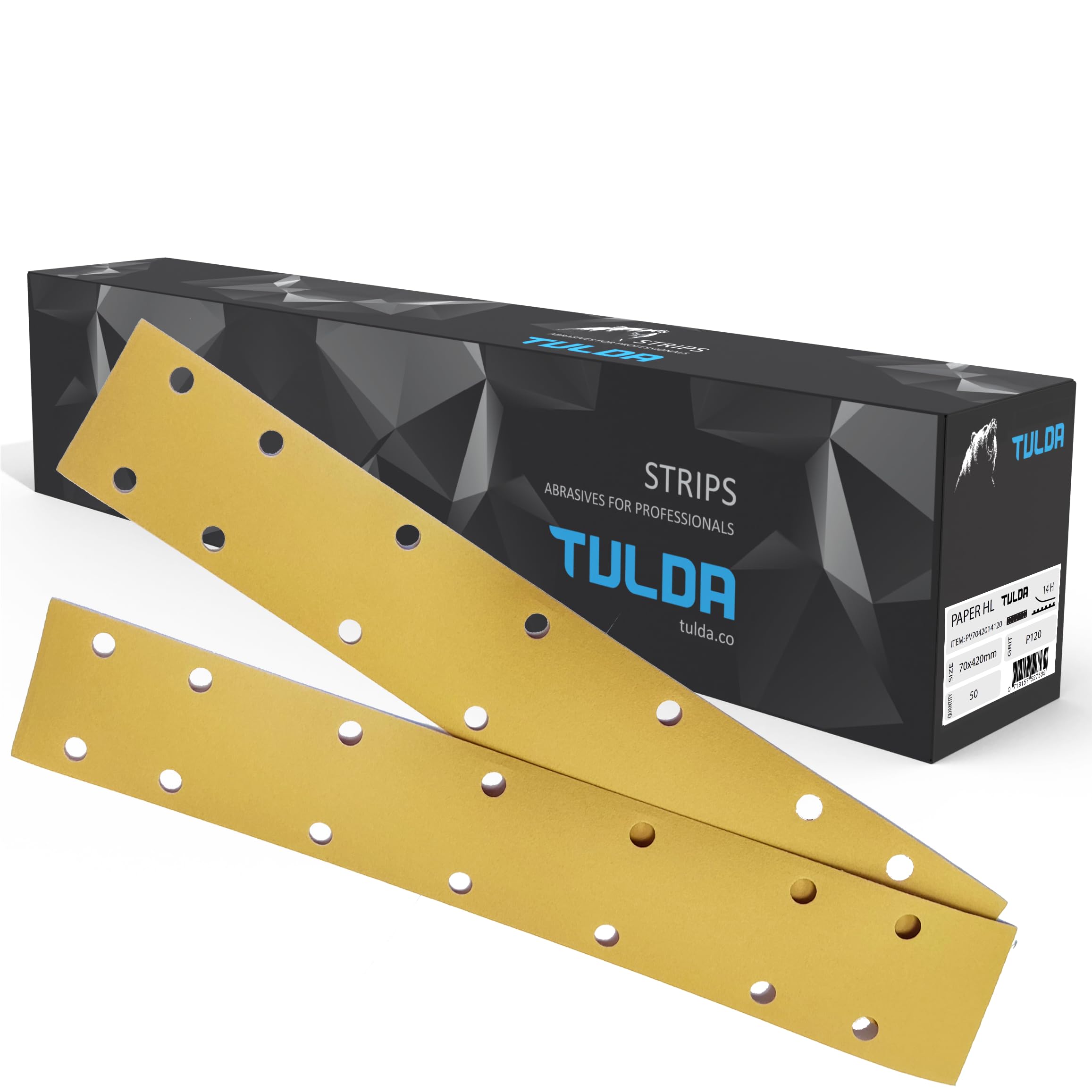 Tulda Sanding Paper Sheets Strips P320 70x420 14 Holes - Sandpaper Grits Hook & Loop Pads Rectangular Electric Orbital Sander - Long Lasting Efficient All Surfaces (Box of 50 PCS)