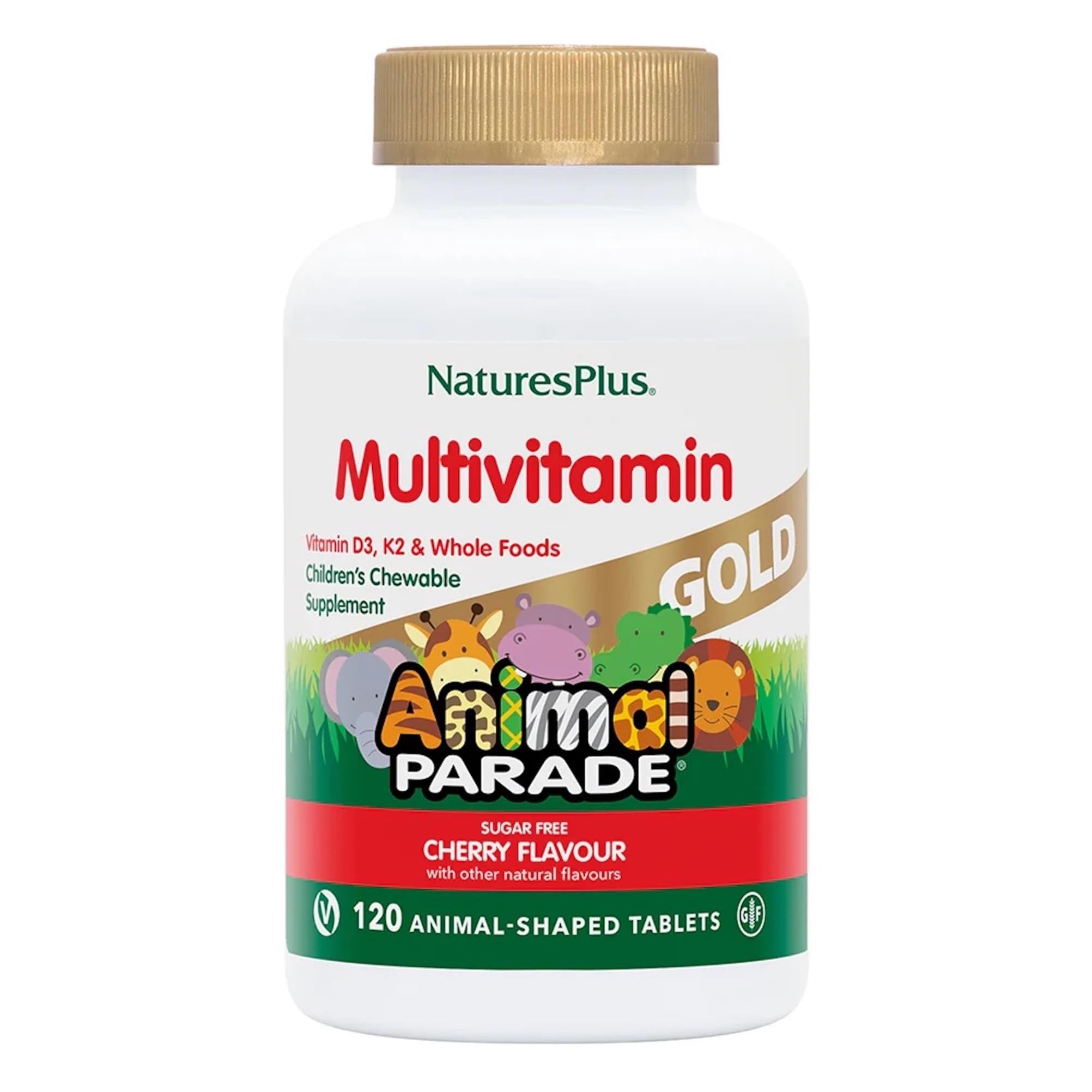 NaturesPlus Animal Parade Gold Kids' Multivitamin - Chewable Vitamins, Superfoods and Probiotics - Natural Cherry Flavour - Vegan, Gluten Free - 120 Animal Shaped Tablets