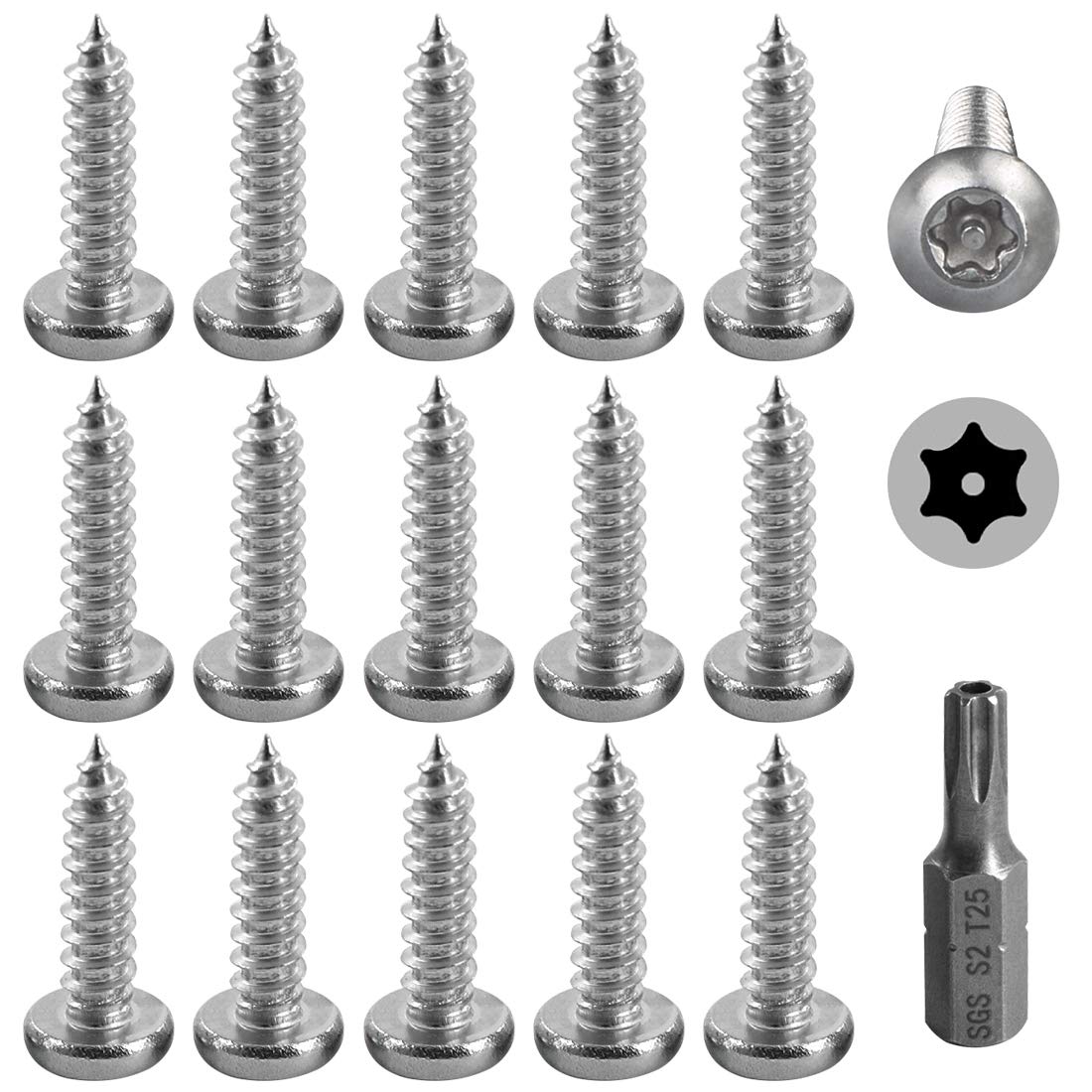 Hilitchi 50 Pcs M5x19mm Stainless Steel Button Head Torx Sheet Metal Screws Security Silver Screws Anti-Theft Tamper Proof with Bit T25