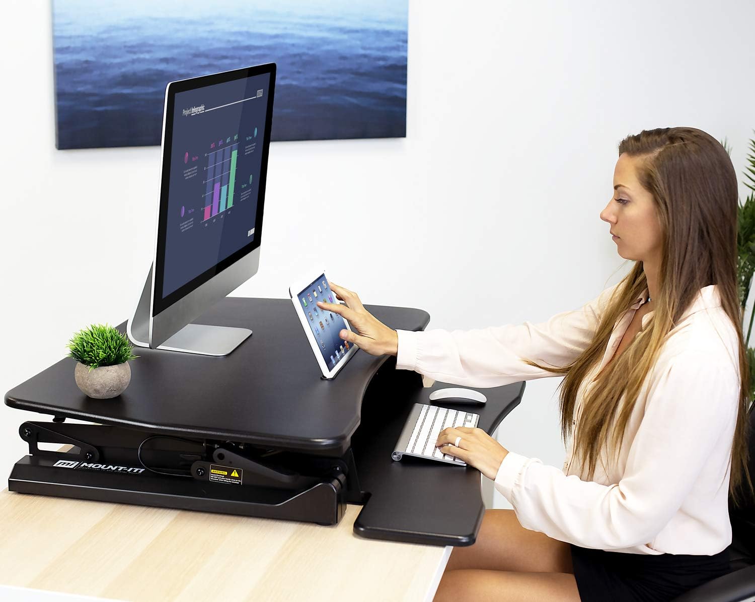 Mount-It! Height Adjustable Standing Desk Converter | 35” Wide Desktop | Sit-Stand Desk with Gas Spring Handle | Stand Up Computer Workstation Fits Dual Monitors | Black (MI-7955) : Office Products