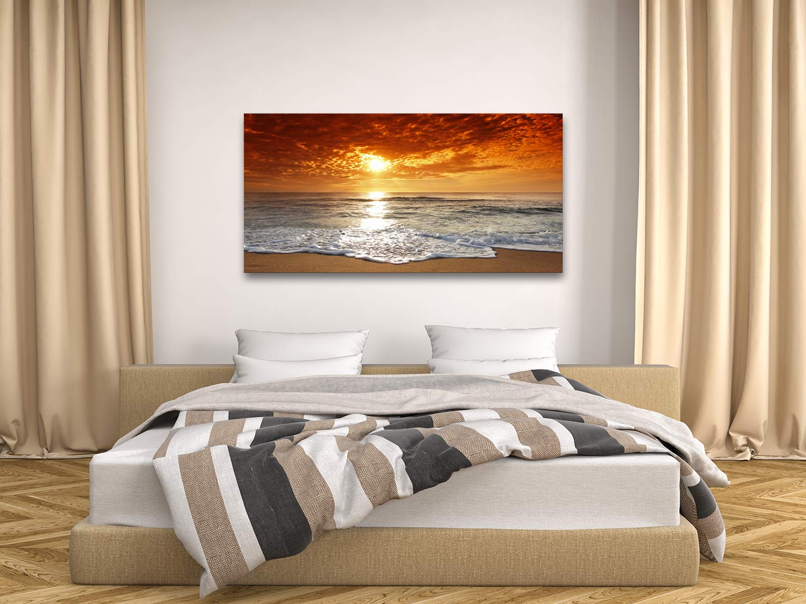 Muolunna S04650 Canvas Prints Wall Art Sunset Ocean Beach Pictures Photo Paintings for Living Room Bedroom Home Decorations Stretched and Framed Ready to Hang Seascape Waves Artwork 20x40inch