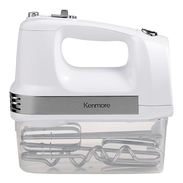KENMORE 5-SPEED HAND MIXER/BLENDER, 250 WATTS, WITH BEATERS, DOUGH HOOKS, LIQUID BLENDING ROD, AUTOMATIC CORD RETRACT, BURST CONTROL, AND CLIP-ON ACCESSORY STORAGE