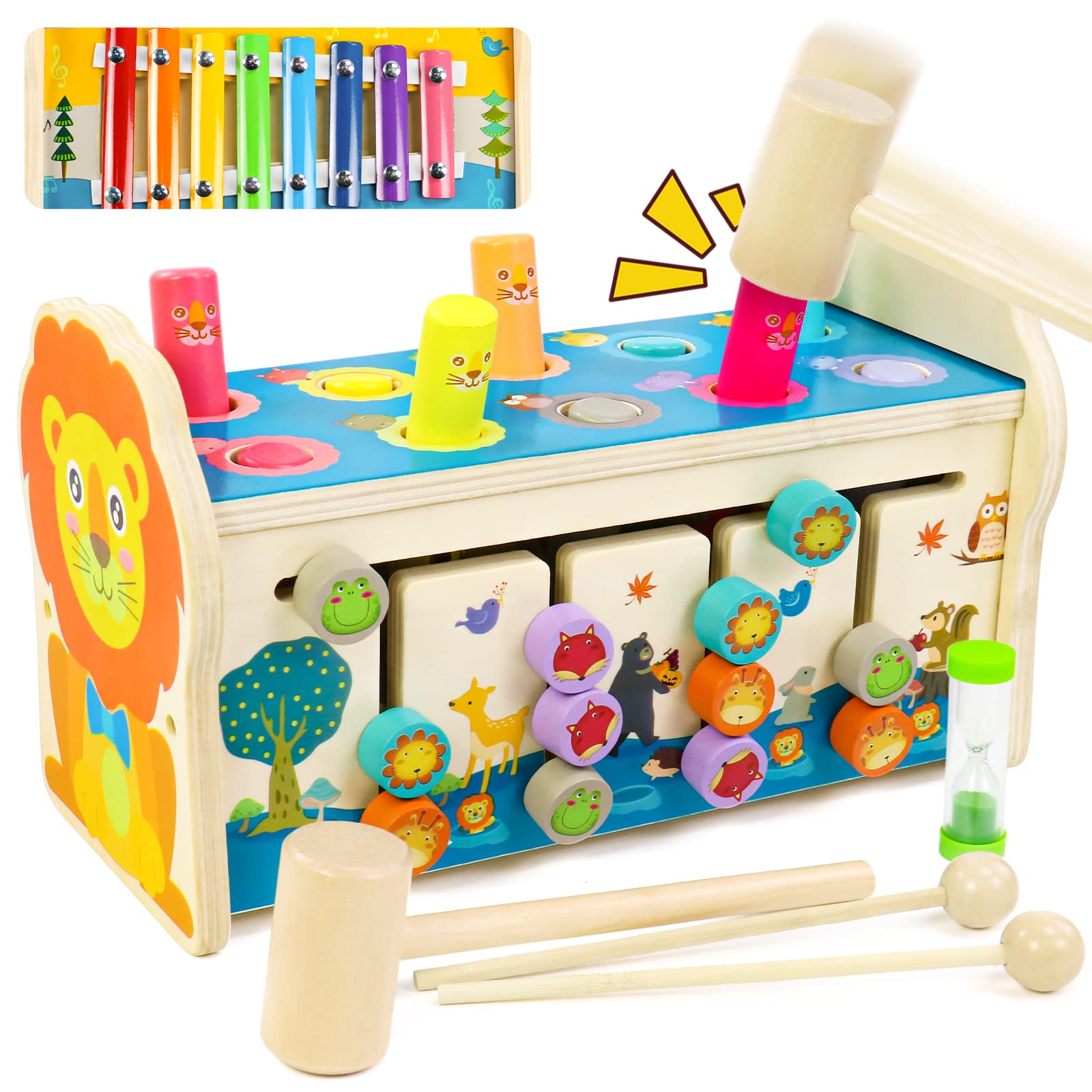 Musical Instruments for Kids Toys for 1 2 3 Year old Boys Girls Toddler Toys Wooden Xylophone 3 In 1 Hitting a Mole Beads Game Sliding Puzzle with Hourglass Educational Toys for Kids Boys Girls