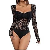 OYOANGLE Women's Floral Lace Long Sleeve V Neck Corset Mesh Leotard Bodysuit Sweetheart Neck Going Out Slim Fit Tops Jumpsuit