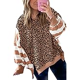 Mazulun Striped Leopard Sweatshirt for Women Color Block Patchwork Drop Shoulder Side Slit Pullover Shirt Tops