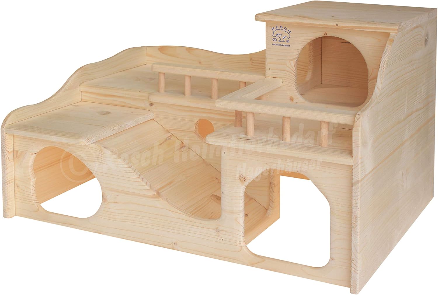 Resch No35 Guinea Pig Mansion Natural solid wood made of spruce/with two large entrances on the ground floor and a wide staircase leading to the upper house with a balcony - Image 5