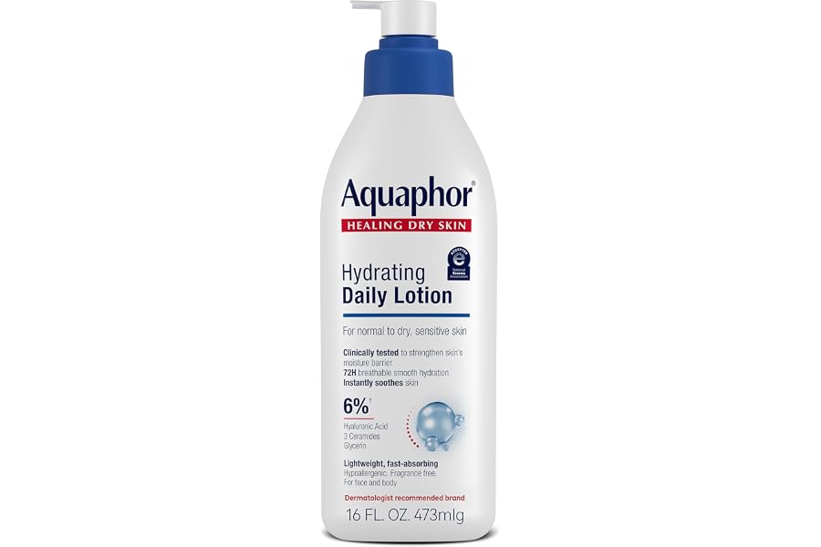 Aquaphor Daily Hydrating Face and Body Lotion, Hyaluronic Acid, 16 FL OZ | Face and Body Moisturizer for Normal to Dry, Sensitive Skin, 72 Hours of Hydration, Non-Comedogenic, Paraben, Fragrance Free