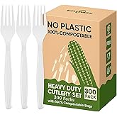 Heavy Duty Compostable Forks (300Pack), Eco-Friendly Heavyweight No-Plastic Fork - 100% Disposable Forks Cornstarch Flatware for Lounge Party Wedding BBQ Picnic Camping (300Pack Forks Only)