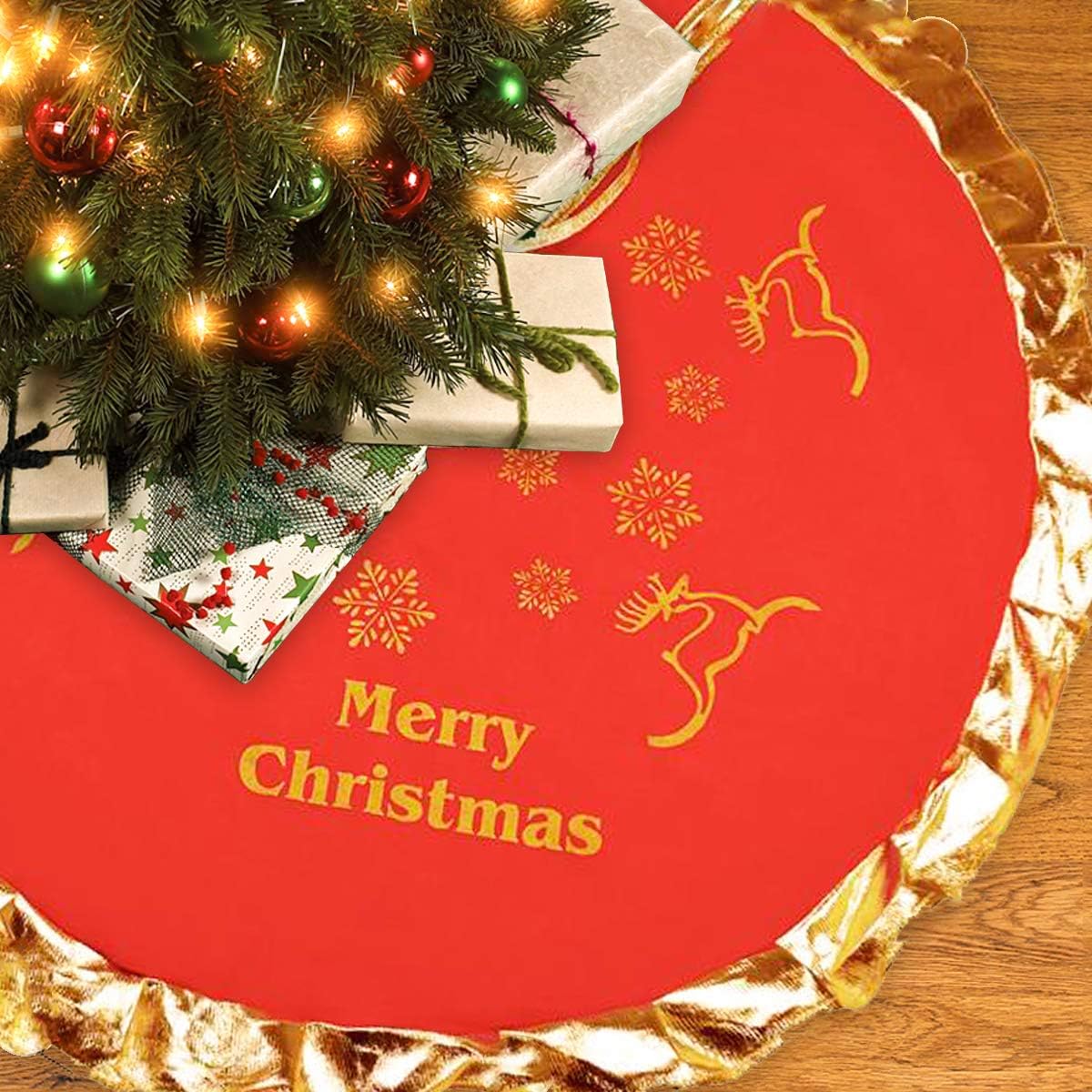 Christmas Tree Skirt Mat with Reindeer and Snowflakes Design (90CM Red and Gold） (Tree Skirt)