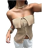 MakeMeChic Women's Fall Cropped Sweater Off The Shoulder Tops Sleeveless Button Down Knit Tube Tops