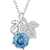 Aurora Tears Birthstone Rose Pendant Necklace - 925 Sterling Silver Rose Cut Cubic Zirconia Flower Leaf Necklace Anniversary Birthday Jewelry Gift for Women Wife Mom Daughter