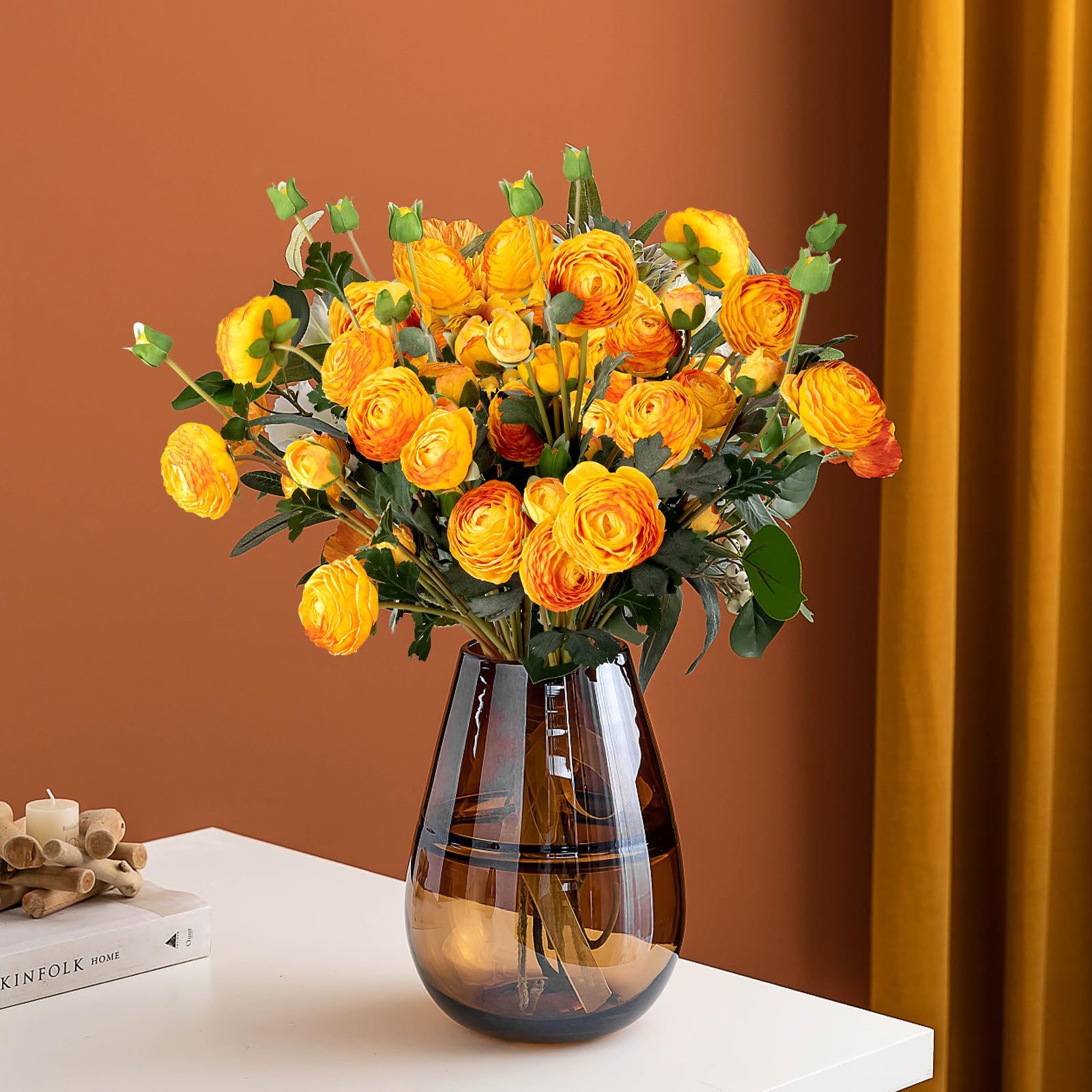 Photo 1 of 2 Pcs 22inch Fall Ranunculus Artificial Flowers 14 Head Orange Faux Silk Ranunculus Bulk Autumn Fake Wedding Filler Flowers for Home, Wdding, Party, Centerpieces, Bridal Shower Decoration Arrangements