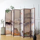 Furnnylane 6 Panel Room Divider, Double-Sided Folding Privacy Screen for Home Office &ndash; Freestanding Wall Partition with New Chic Colorful Landscape 67" H x 63" W - 5.6 ft Tall