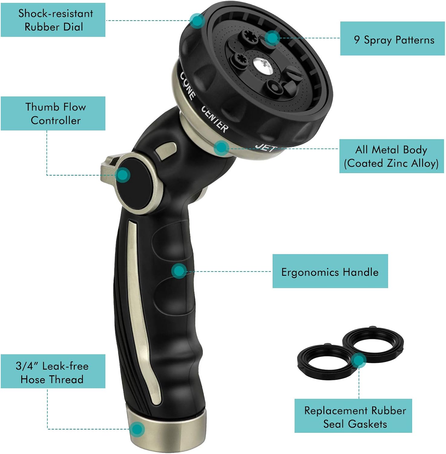 RESTMO Hose Nozzle Heavy Duty, Metal Water Hose Sprayer for Garden, 9 Spray Patterns | High Pressure | Thumb Flow Control | On/Off Valve, Ideal for Outdoor Lawn & Plant Watering, Car & Pet Washing: Home Improvement