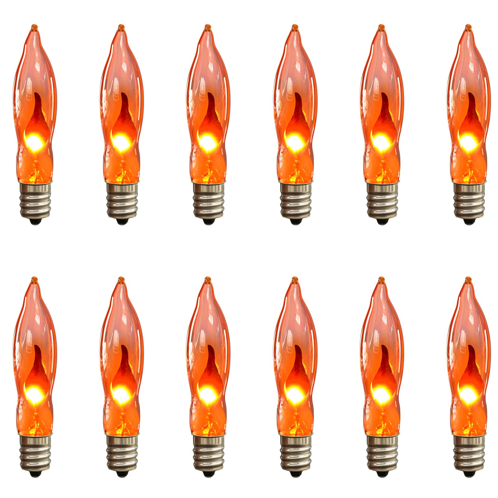 Photo 1 of 12 Pack Halloween Orange Flickering Flame Light Bulbs, E12 Flicker Flame Night Light Replacement Bulbs, C18 Candle Bulb for Halloween Christmas String Lights Electric Window Candle Chandeliers, 1W