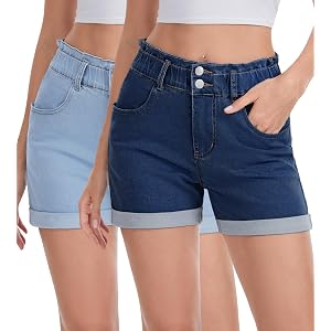 NebuKinex 2 Pack Women's High Waisted Stretchy Jean Shorts with Pockets | Cuffed Hem, Stretchy Denim Shorts, Casual Summer, 4