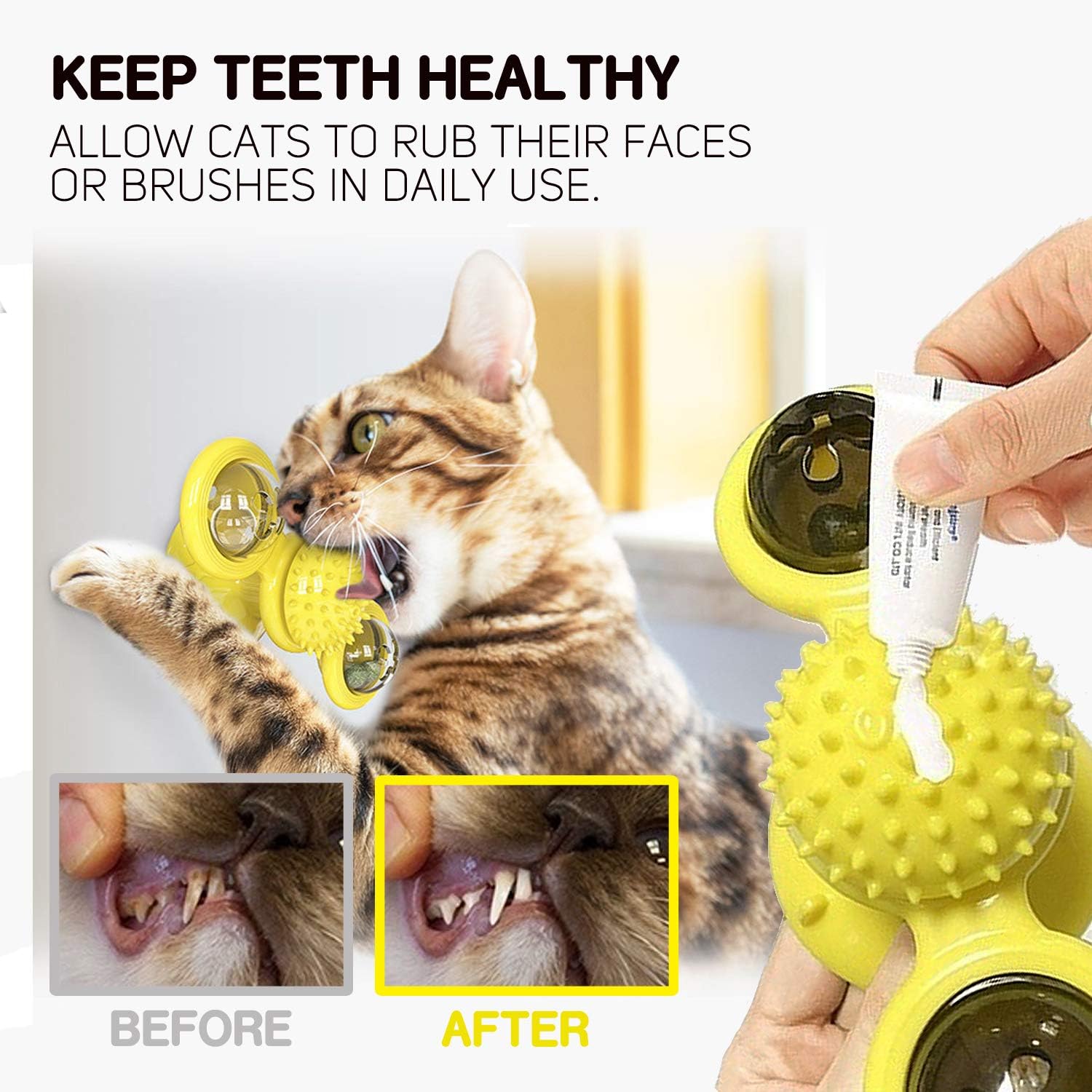 EJG Cat Interactive Rotate Windmill with Carnip and LED Light, self-Groomer Toothbrush Scratcher Games Home Training pet Toy Stress Anxiety Relief (Yellow) : Pet Supplies