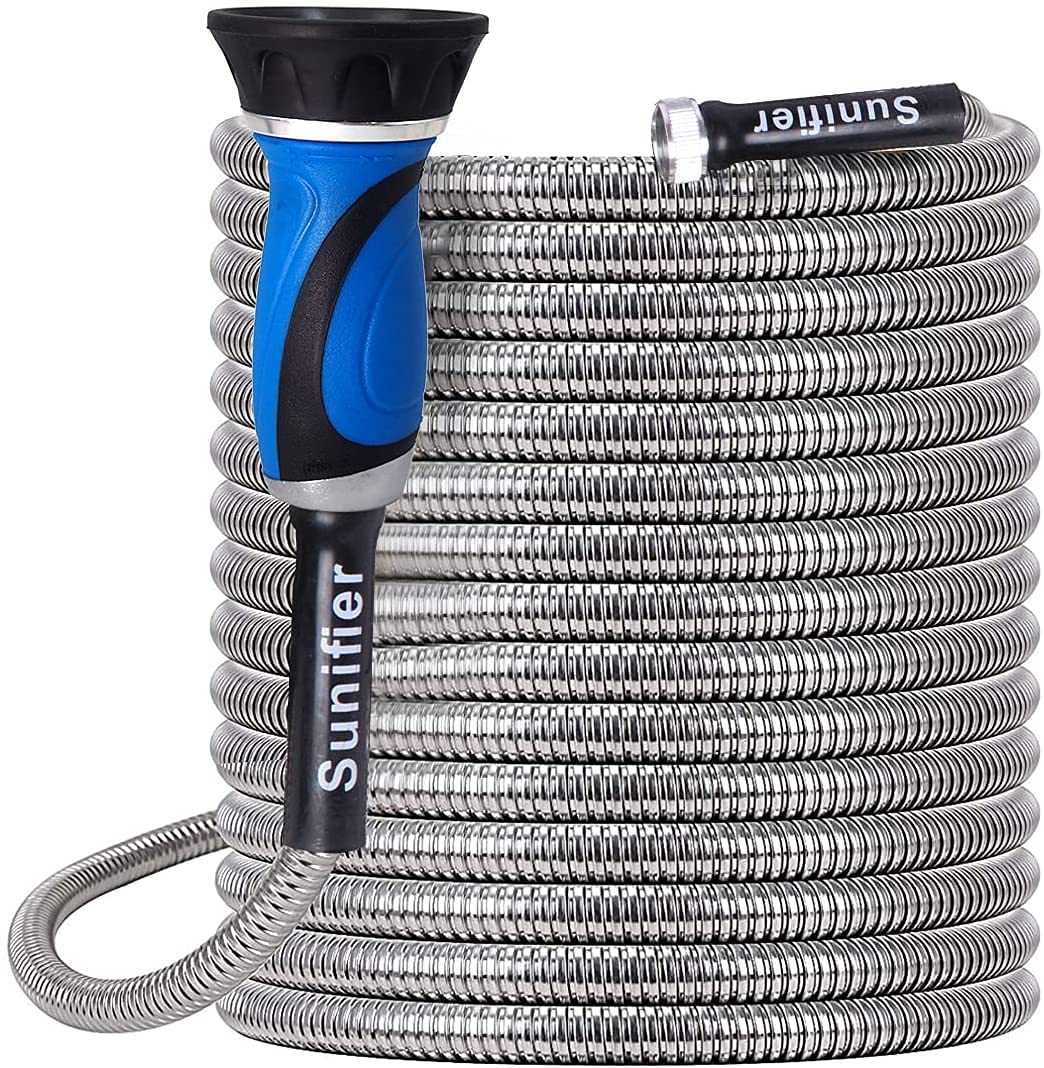Sunifier Metal Garden Hose 15 Ft 30 Ft With Hose Nozzle, Flexible Stainless Steel Water Hose 25 Ft 50 Ft Heavy Duty No Kink Hose 75 Ft 100 Ft (15FT)