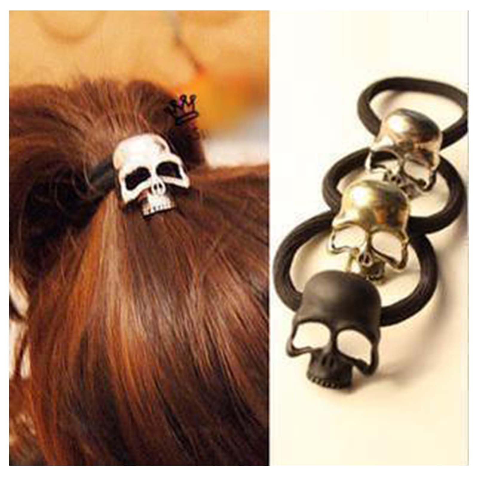 Aneneiceera Gothic Skull Hair Tie Viking Skull Hair Band Rope Black Ponytail Holder Black Rope Hair Ties Scrunchies Punk Ponytail Holder Skeleton Hair Accessories Jewelry for Women and Girls (Silver)