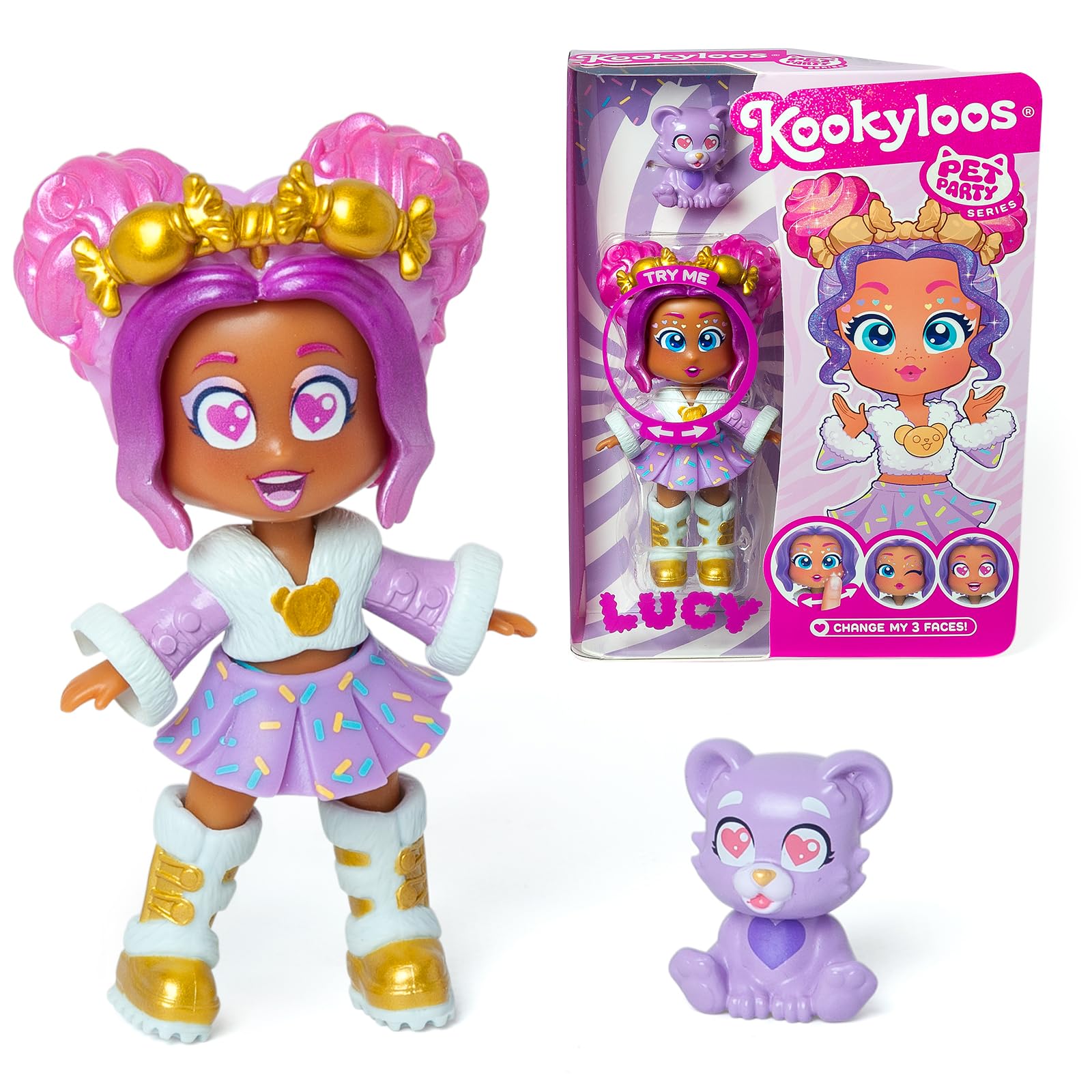 KOOKYLOOS Pet Party LUCY – Lucy Doll with Bear Cub Pet. Includes Kookyloos Lucy Doll, 1 Pet, Fashionable Outfit and Shoes, 1 Accessory. 3 Different Faces!